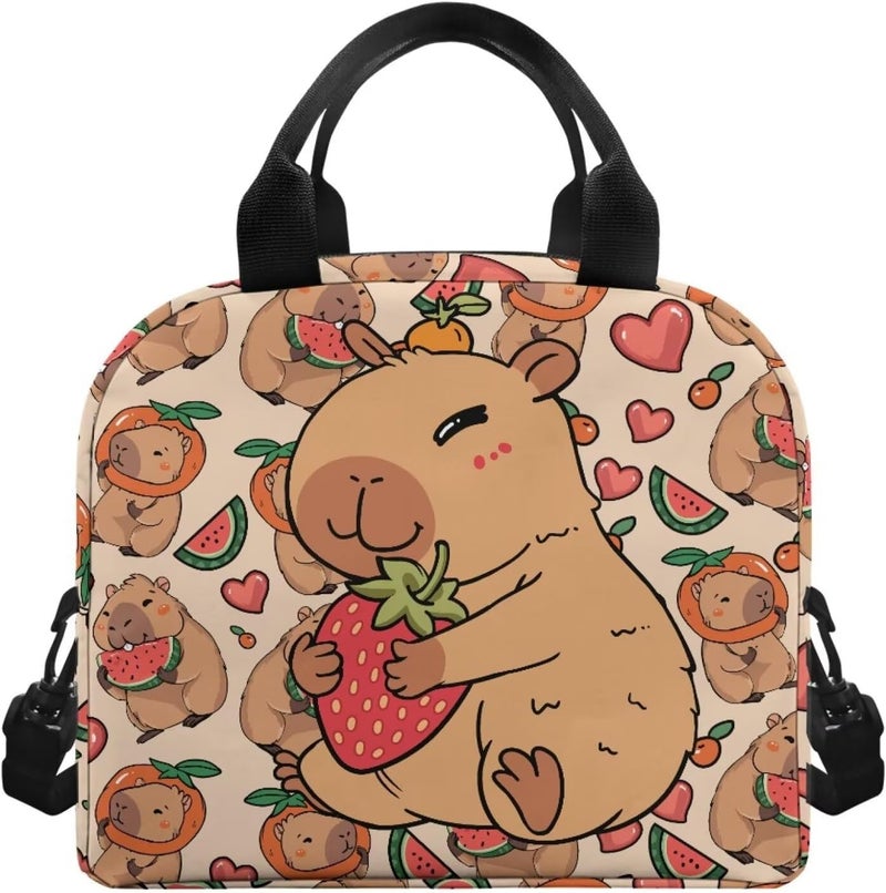 Yuosegray Cute Capybara Lunch Box for Girls 10-12 Strawberry Preschool Lunch Box Kids 4-6 Kindergarten Meal Bag 6-8 Toddler Elementary School Children Lightweight Adjustable Shoulder Strap - Image 2